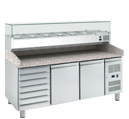 Dvojdverový pizza-stôl s vitrínou 10 x GN1/4